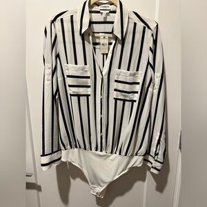 Express Black and White Striped Button-Up Bodysuit, Slim Fit.Size L, New w/ Tags